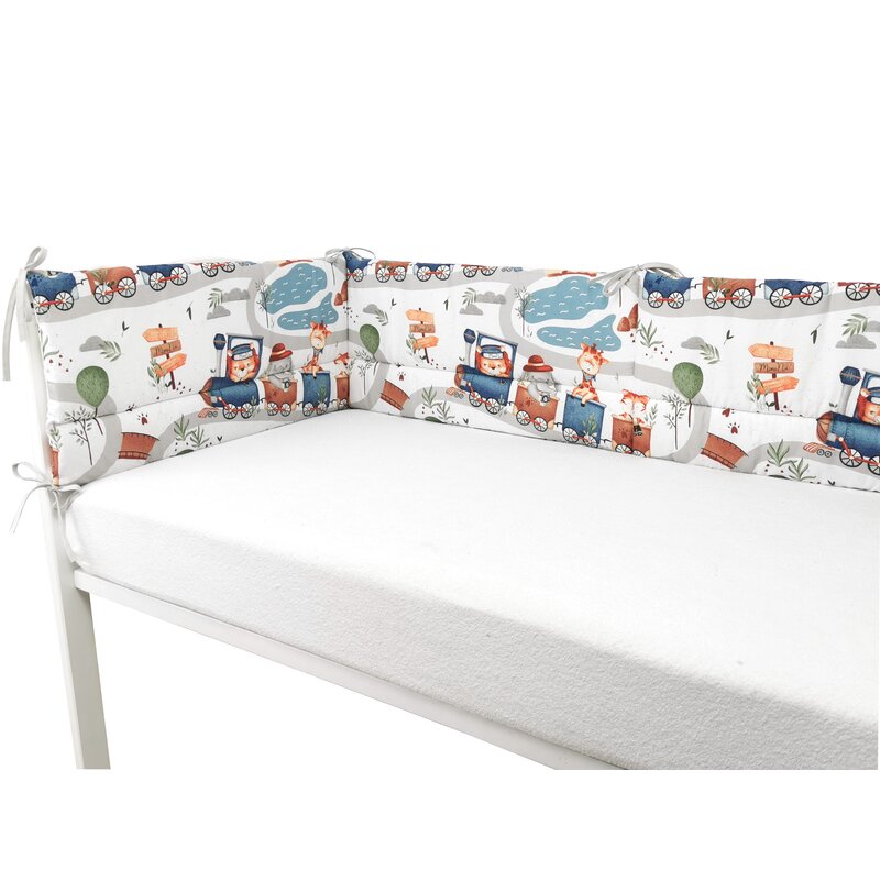 Aparatoare pentru patut, MimiNu, Din bumbac certificat Oeko Tex Standard 100, 180x30 cm, Cu panglici, Design, Zoo in train