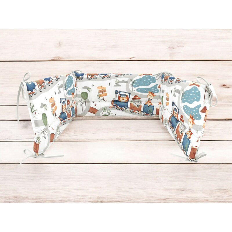 Aparatoare pentru patut, MimiNu, Din bumbac certificat Oeko Tex Standard 100, 180x30 cm, Cu panglici, Design, Zoo in train