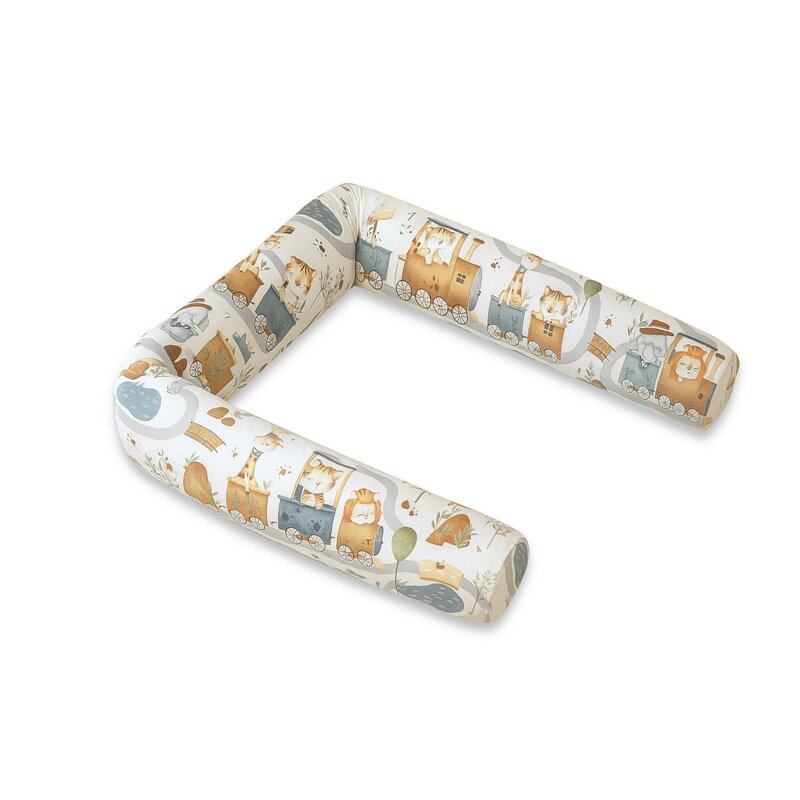 Aparatoare pentru patut, MimiNu, Tip rulou, Cu husa detasabila, Lungime 180 cm, Din bumbac certificat Oeko Tex Standard 100, Design, Zoo in train