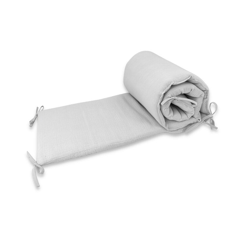 Aparatoare pentru patut, Qmini, Din muselina dubla, 180x30 cm, Din material certificat Oeko Tex Standard 100, Cu panglici, Gray