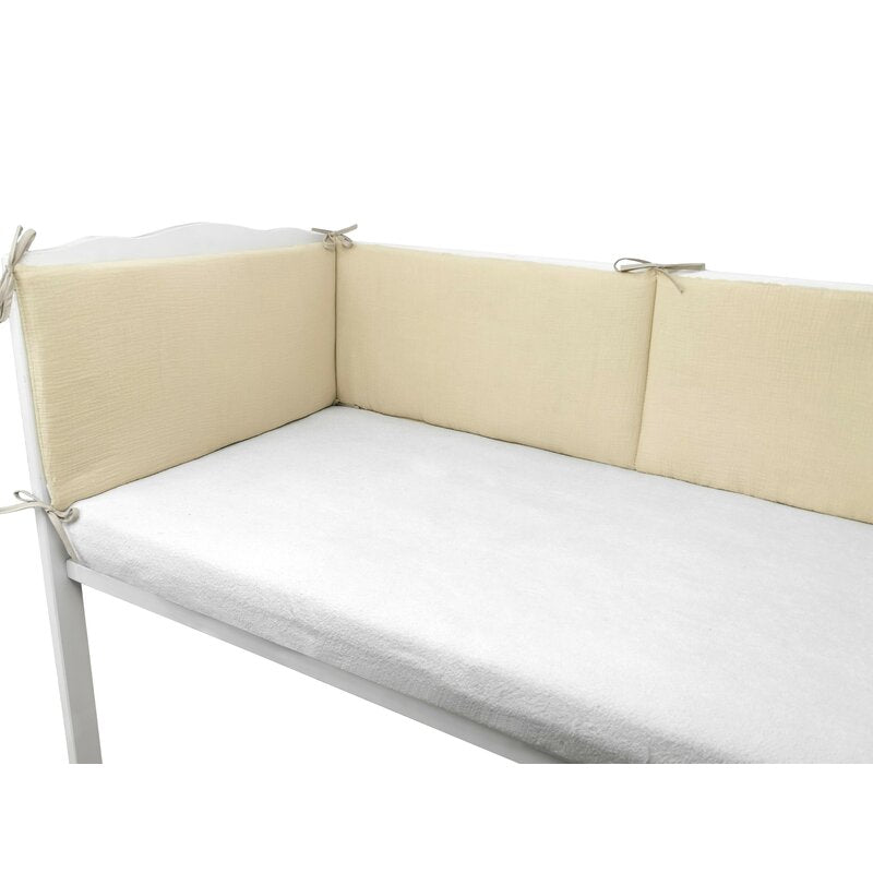 Aparatoare pentru patut, Qmini, Din muselina dubla, 180x30 cm, Cu panglici, Din material certificat Oeko Tex Standard 100, Warm Beige