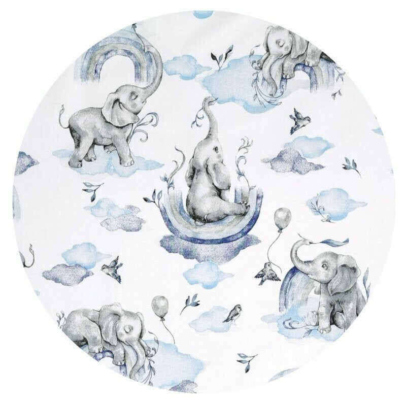 Aparatoare pentru patut, Qmini, Tip rulou, Cu husa detasabila, Lungime 180 cm, Din bumbac certificat Oeko Tex Standard 100, Elephants on Rainbow Blue