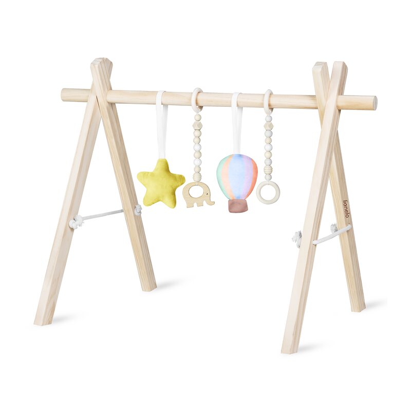 Arcada de activitati Montessori, Lionelo, Anis, Din lemn de pin, Jucarii plus, 4 jucarii suspendate, Stimuleaza simturile, Pliere rapida, 0+ luni, Multicolor