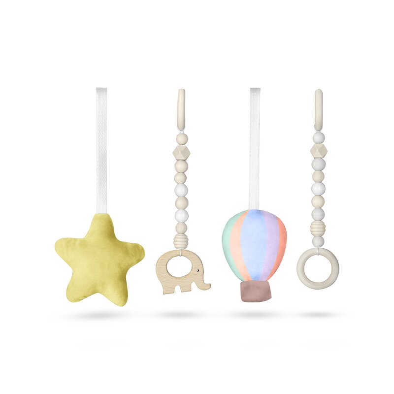 Arcada de activitati Montessori, Lionelo, Anis, Din lemn de pin, Jucarii plus, 4 jucarii suspendate, Stimuleaza simturile, Pliere rapida, 0+ luni, Multicolor