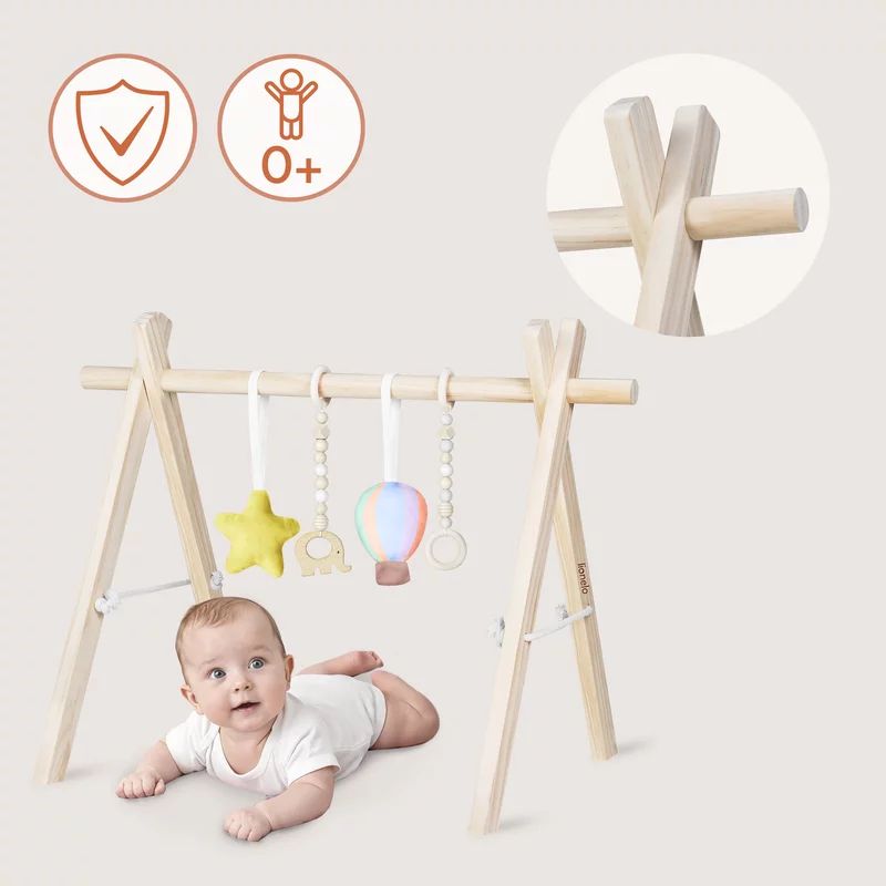 Arcada de activitati Montessori, Lionelo, Anis, Din lemn de pin, Jucarii plus, 4 jucarii suspendate, Stimuleaza simturile, Pliere rapida, 0+ luni, Multicolor