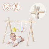 Arcada de activitati Montessori, Lionelo, Anis, Din lemn de pin, Jucarii plus, 4 jucarii suspendate, Stimuleaza simturile, Pliere rapida, 0+ luni, Multicolor