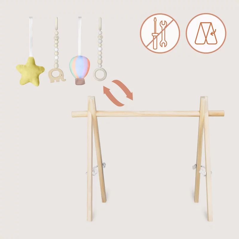 Arcada de activitati Montessori, Lionelo, Anis, Din lemn de pin, Jucarii plus, 4 jucarii suspendate, Stimuleaza simturile, Pliere rapida, 0+ luni, Multicolor