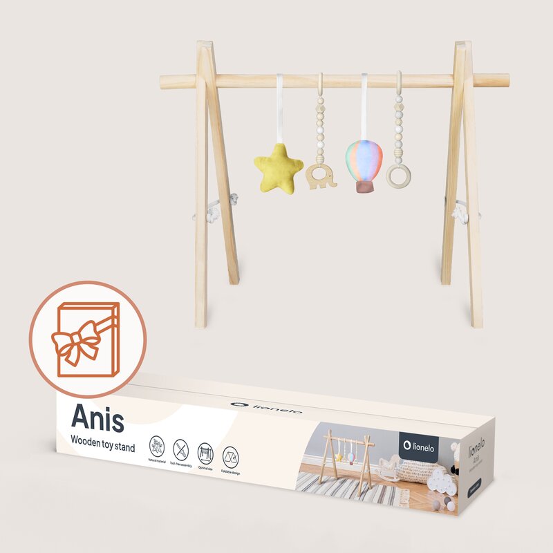 Arcada de activitati Montessori, Lionelo, Anis, Din lemn de pin, Jucarii plus, 4 jucarii suspendate, Stimuleaza simturile, Pliere rapida, 0+ luni, Multicolor