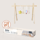 Arcada de activitati Montessori, Lionelo, Anis, Din lemn de pin, Jucarii plus, 4 jucarii suspendate, Stimuleaza simturile, Pliere rapida, 0+ luni, Multicolor