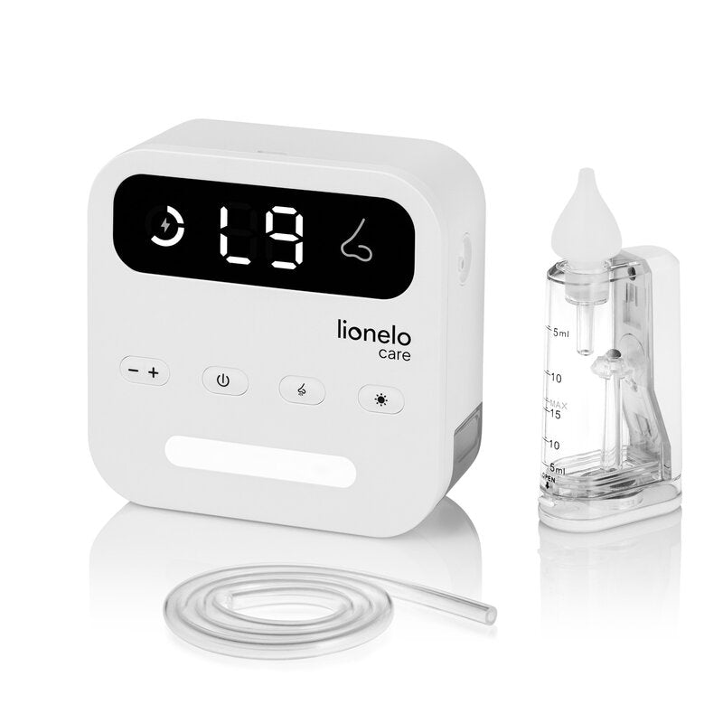 Aspirator nazal electric, Lionelo, Babyair Flow, Multifunctional, 9 trepte de aspirare, Functionare wireless pana la 2.5 h, Silentios, Functie de lampa, 3 varfuri din silicon, Perie de curatare inclusa, Cablu de incarcare USB-C, Alb