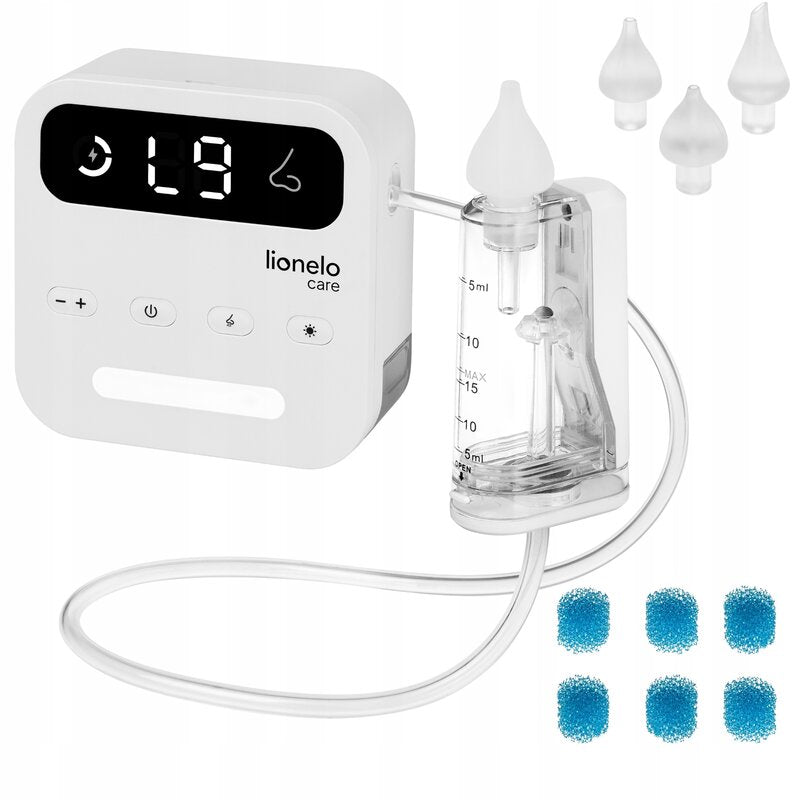 Aspirator nazal electric, Lionelo, Babyair Flow, Multifunctional, 9 trepte de aspirare, Functionare wireless pana la 2.5 h, Silentios, Functie de lampa, 3 varfuri din silicon, Perie de curatare inclusa, Cablu de incarcare USB-C, Alb