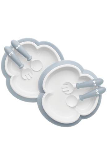 BabyBjorn - 2 Seturi hranire: farfurie, lingurita si furculita pentru bebe, Powder Blue - gogobaby.ro