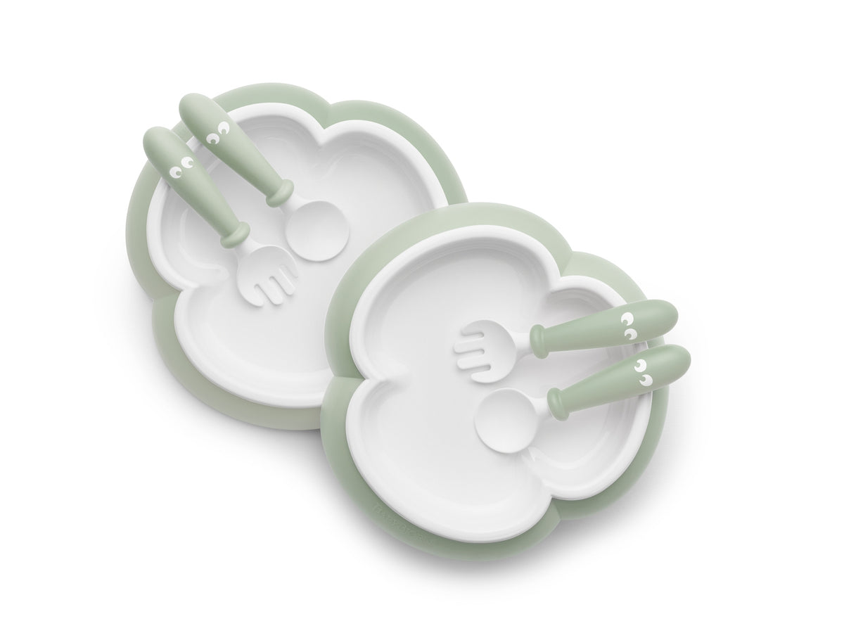 BabyBjorn - 2 Seturi hranire: farfurie, lingurita si furculita pentru bebe, Powder Green - gogobaby.ro