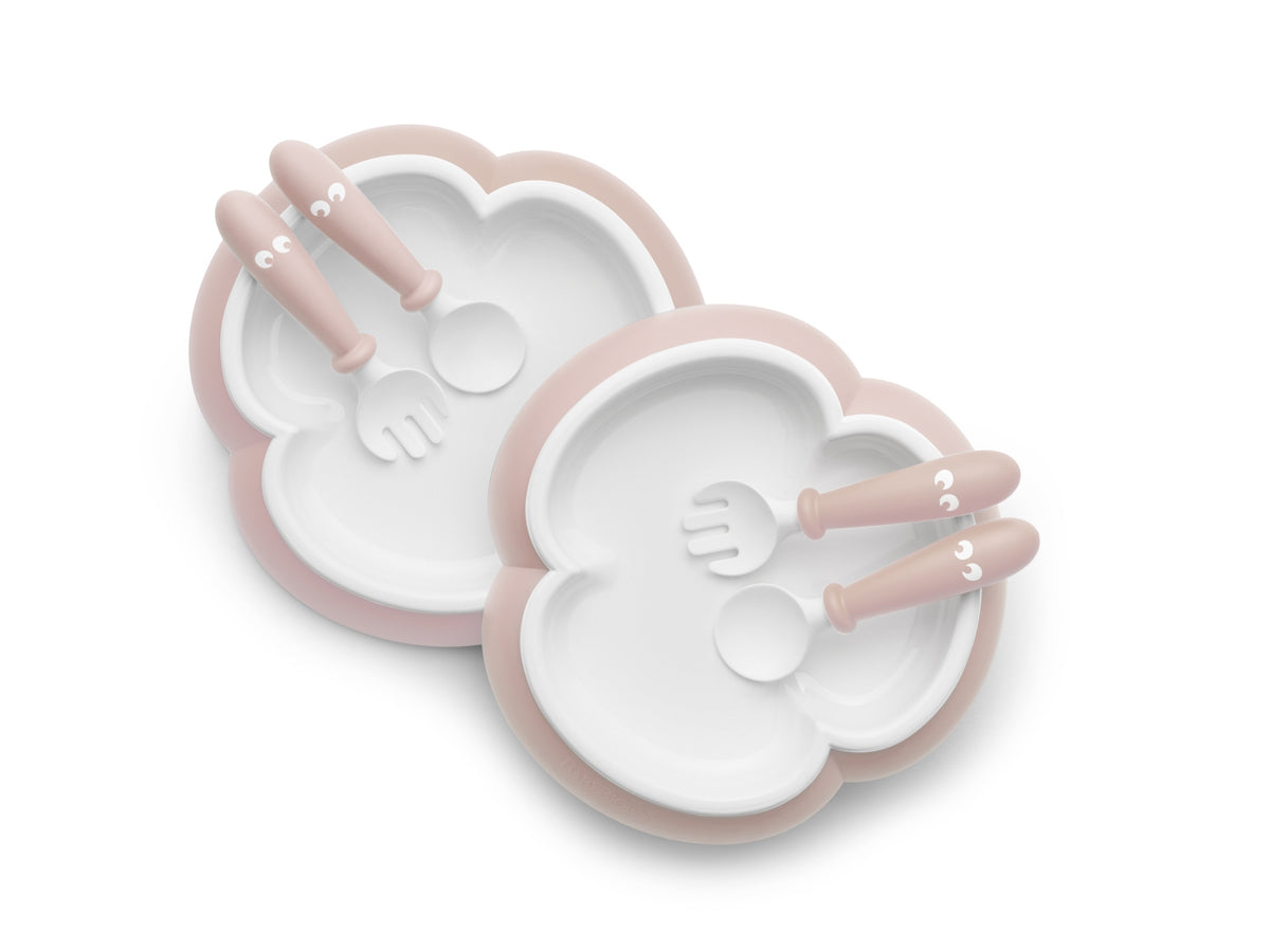 BabyBjorn - 2 Seturi hranire: farfurie, lingurita si furculita pentru bebe, Powder Pink - gogobaby.ro