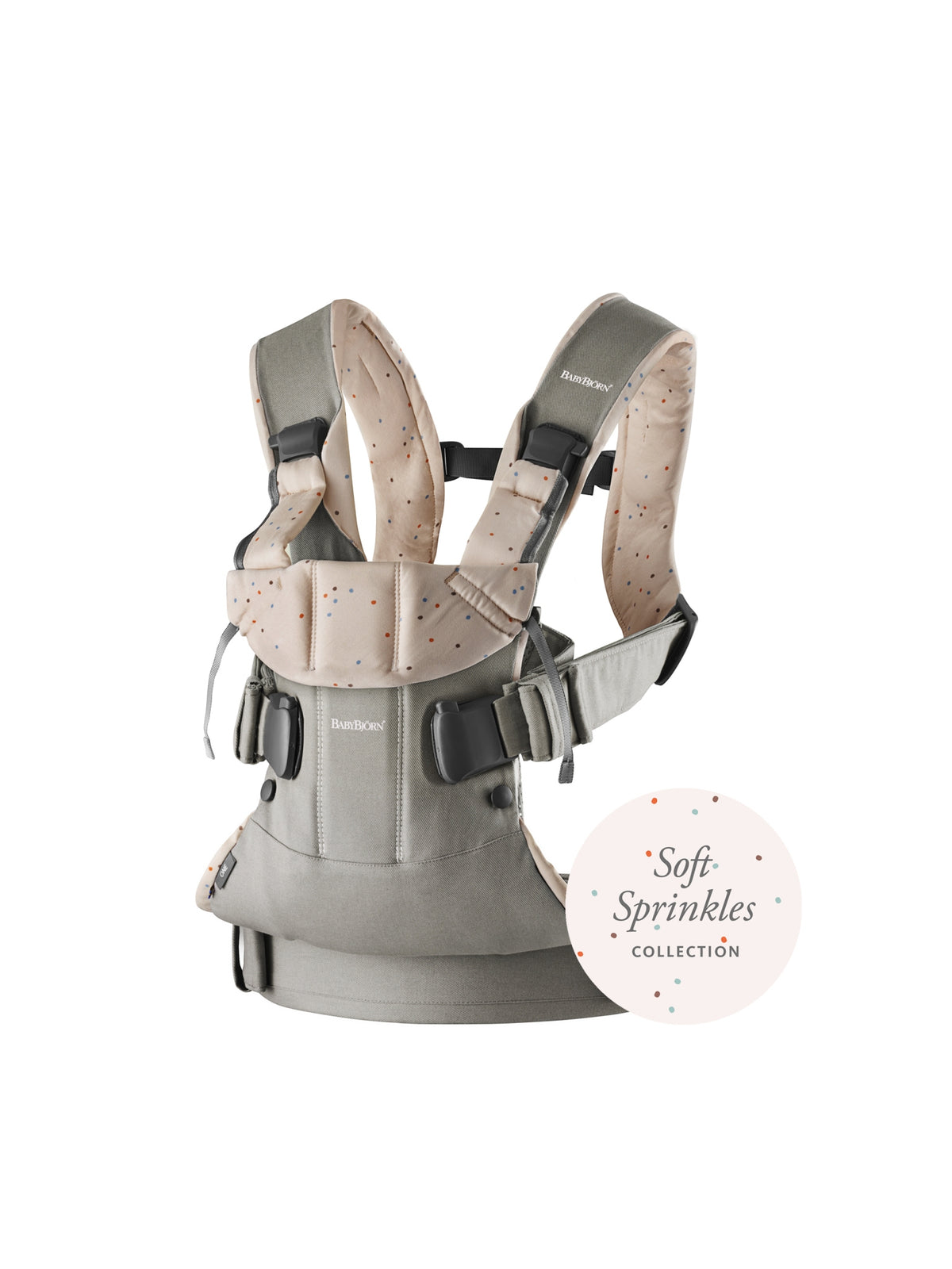 BabyBjorn - Marsupiu anatomic One, cu pozitii multiple de purtare Classic grey / pink Sprinckles, Bumbac - Editie Limitata - gogobaby.ro