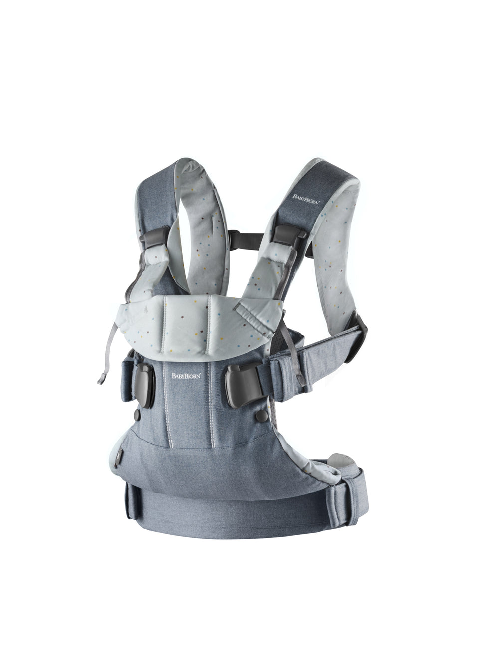 BabyBjorn - Marsupiu anatomic One, cu pozitii multiple de purtare Denim Blue Sprinkles, Bumbac - Editie Limitata