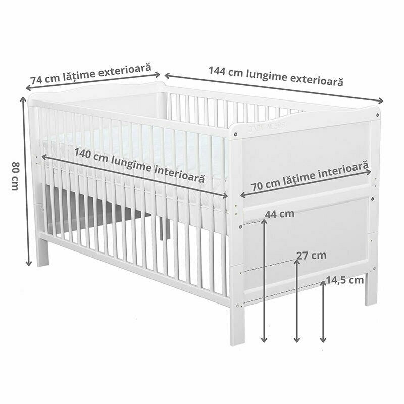 Patut din lemn bebe, Transformabil si pentru junior, 140x70 cm, Din lemn de pin si mdf, Stabil si rezistent, Inaltime saltea reglabila pe 3 nivele, Laterala cu 3 bete detasabile, EN716-1, EN716-2, Alb, Babyneeds, Nadia