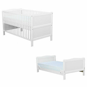 Patut din lemn bebe, Transformabil si pentru junior, 140x70 cm, Din lemn de pin si mdf, Stabil si rezistent, Inaltime saltea reglabila pe 3 nivele, Laterala cu 3 bete detasabile, EN716-1, EN716-2, Alb, Babyneeds, Nadia - gogobaby.ro