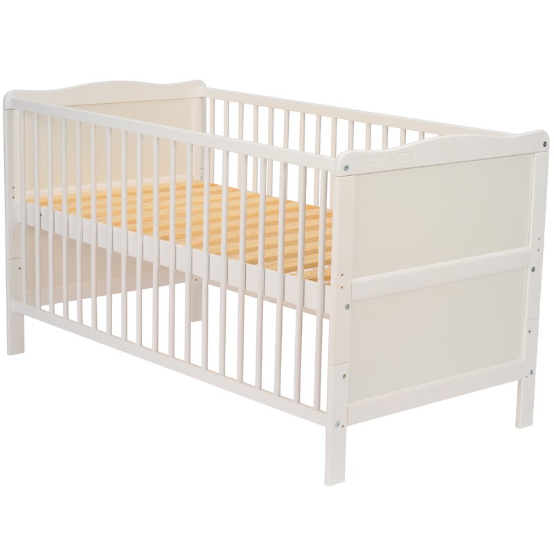 Patut din lemn bebe, Transformabil si pentru junior, 140x70 cm, Din lemn de pin si mdf, Stabil si rezistent, Inaltime saltea reglabila pe 3 nivele, Laterala cu 3 bete detasabile, EN716-1, EN716-2, Alb, Babyneeds, Nadia