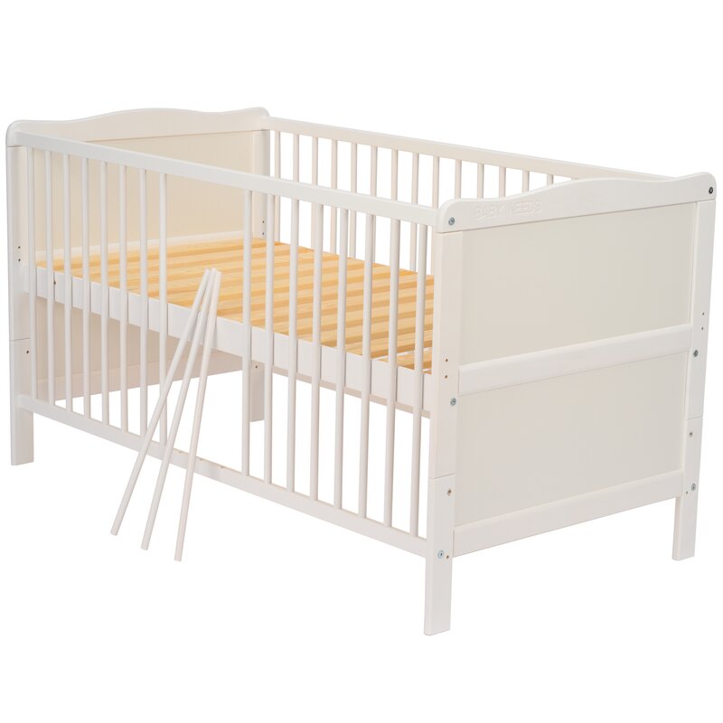Patut din lemn bebe, Transformabil si pentru junior, 140x70 cm, Din lemn de pin si mdf, Stabil si rezistent, Inaltime saltea reglabila pe 3 nivele, Laterala cu 3 bete detasabile, EN716-1, EN716-2, Alb, Babyneeds, Nadia