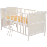 Patut din lemn bebe, Transformabil si pentru junior, 140x70 cm, Din lemn de pin si mdf, Stabil si rezistent, Inaltime saltea reglabila pe 3 nivele, Laterala cu 3 bete detasabile, EN716-1, EN716-2, Alb, Babyneeds, Nadia