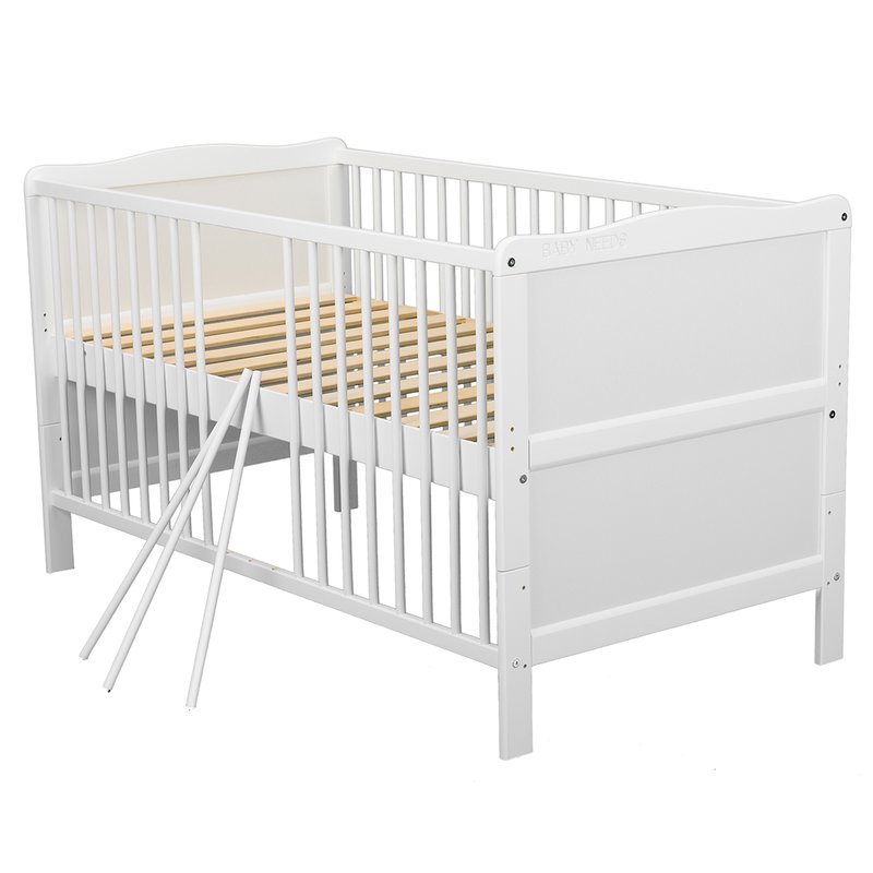 Patut din lemn bebe, Transformabil si pentru junior, 140x70 cm, Din lemn de pin si mdf, Stabil si rezistent, Inaltime saltea reglabila pe 3 nivele, Laterala cu 3 bete detasabile, EN716-1, EN716-2, Alb, Babyneeds, Nadia - gogobaby.ro