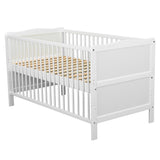 Patut din lemn bebe, Transformabil si pentru junior, 140x70 cm, Din lemn de pin si mdf, Stabil si rezistent, Inaltime saltea reglabila pe 3 nivele, Laterala cu 3 bete detasabile, EN716-1, EN716-2, Alb, Babyneeds, Nadia