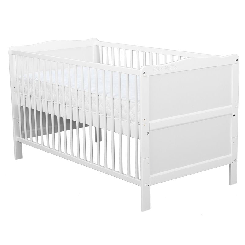 Patut din lemn bebe, Transformabil si pentru junior, 140x70 cm, Din lemn de pin si mdf, Stabil si rezistent, Inaltime saltea reglabila pe 3 nivele, Laterala cu 3 bete detasabile, EN716-1, EN716-2, Alb, Babyneeds, Nadia - gogobaby.ro
