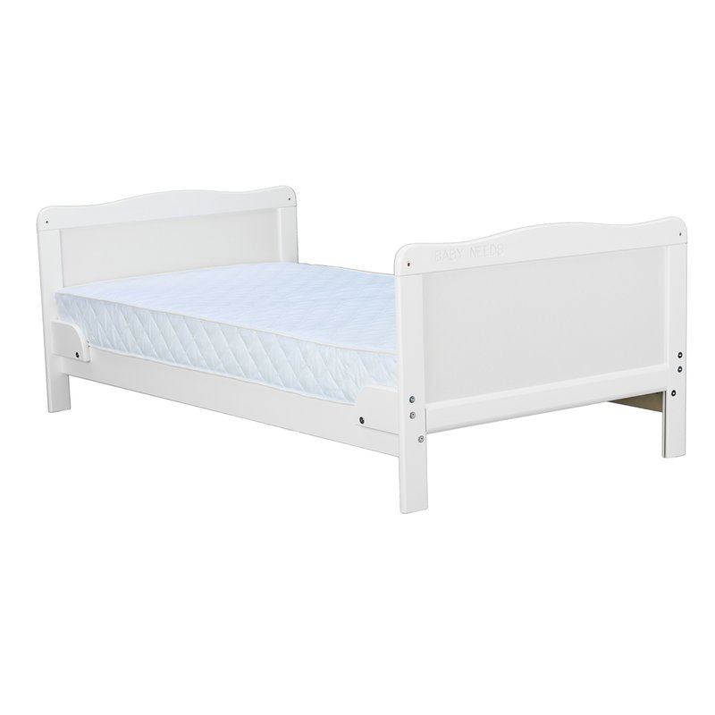 Patut din lemn bebe, Transformabil si pentru junior, 140x70 cm, Din lemn de pin si mdf, Stabil si rezistent, Inaltime saltea reglabila pe 3 nivele, Laterala cu 3 bete detasabile, EN716-1, EN716-2, Alb, Babyneeds, Nadia