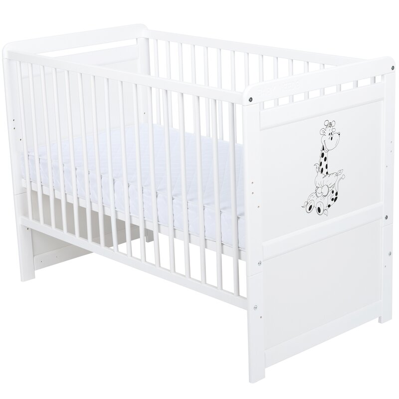 Patut din lemn bebe, Transformabil si pentru junior, 120x60 cm, Multifunctional, Din lemn de pin si mdf, Stabil si rezistent, Inaltime saltea reglabila pe 3 nivele, Laterala cu 3 bete detasabile, EN716-1, EN716-2, Alb, Babyneeds, Nadia II, Girafa - gogobaby.ro