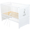 Patut din lemn bebe, Transformabil si pentru junior, 120x60 cm, Multifunctional, Din lemn de pin si mdf, Stabil si rezistent, Inaltime saltea reglabila pe 3 nivele, Laterala cu 3 bete detasabile, EN716-1, EN716-2, Alb, Babyneeds, Nadia II, Girafa