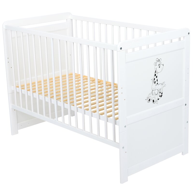 Patut din lemn bebe, Transformabil si pentru junior, 120x60 cm, Multifunctional, Din lemn de pin si mdf, Stabil si rezistent, Inaltime saltea reglabila pe 3 nivele, Laterala cu 3 bete detasabile, EN716-1, EN716-2, Alb, Babyneeds, Nadia II, Girafa - gogobaby.ro