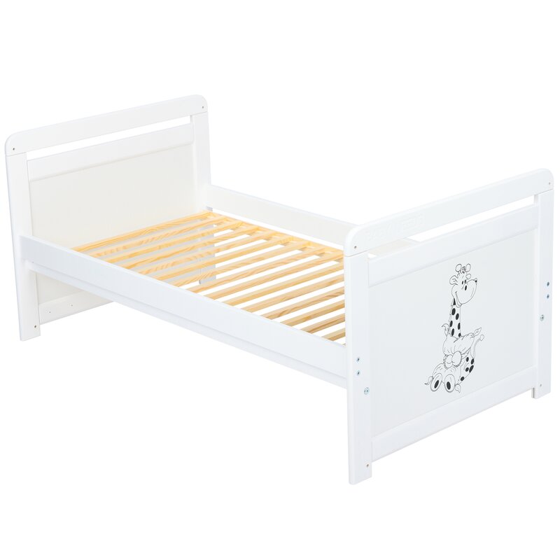 Patut din lemn bebe, Transformabil si pentru junior, 120x60 cm, Multifunctional, Din lemn de pin si mdf, Stabil si rezistent, Inaltime saltea reglabila pe 3 nivele, Laterala cu 3 bete detasabile, EN716-1, EN716-2, Alb, Babyneeds, Nadia II, Girafa - gogobaby.ro