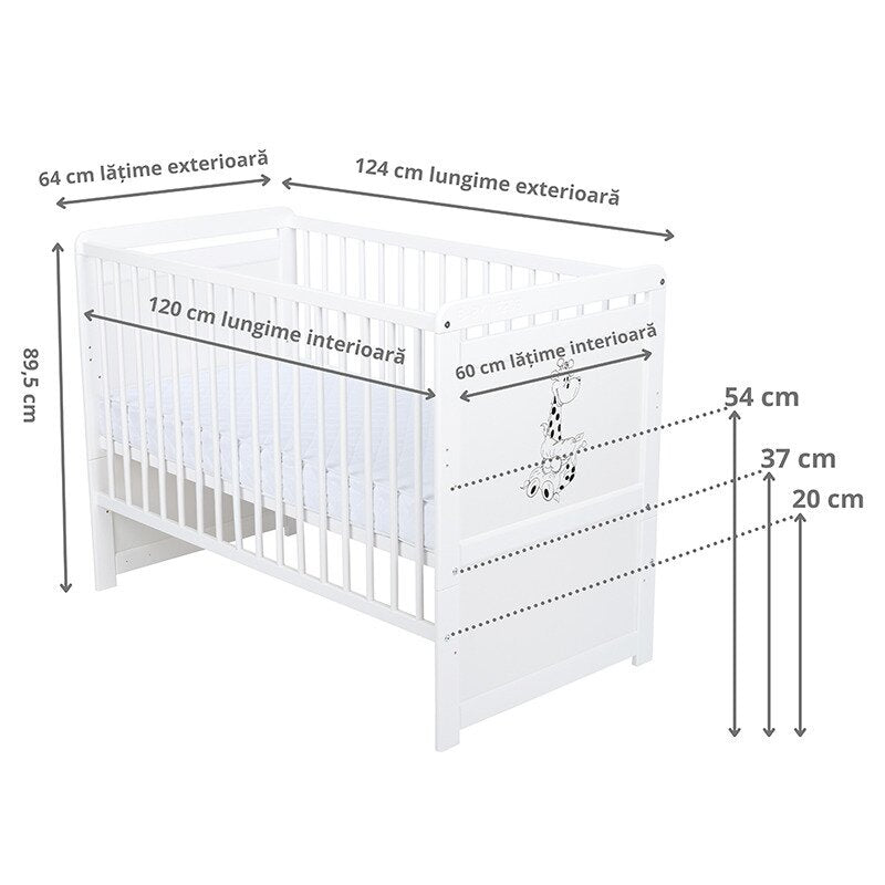 Patut din lemn bebe, Transformabil si pentru junior, 120x60 cm, Multifunctional, Din lemn de pin si mdf, Stabil si rezistent, Inaltime saltea reglabila pe 3 nivele, Laterala cu 3 bete detasabile, EN716-1, EN716-2, Alb, Babyneeds, Nadia II, Girafa - gogobaby.ro