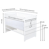 Patut din lemn bebe, Transformabil si pentru junior, 120x60 cm, Multifunctional, Din lemn de pin si mdf, Stabil si rezistent, Inaltime saltea reglabila pe 3 nivele, Laterala cu 3 bete detasabile, EN716-1, EN716-2, Alb, Babyneeds, Nadia II, Girafa