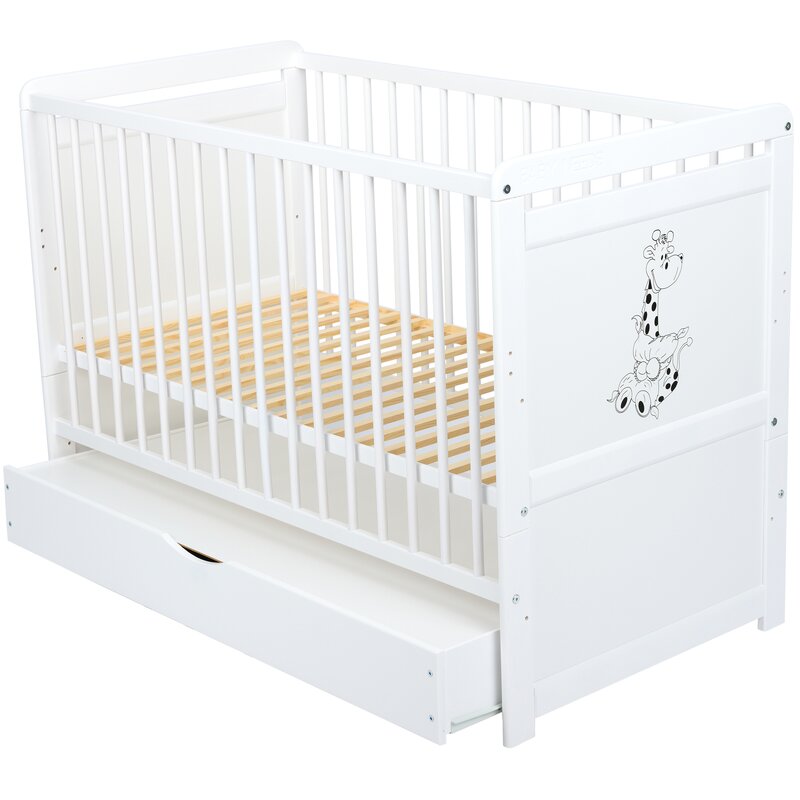 Patut din lemn bebe, Transformabil si pentru junior, 120x60 cm, Cu sertar cu capac, Din pin si mdf, Stabil si rezistent, Inaltime saltea reglabila pe 3 nivele, Laterala cu 3 bete detasabile, EN716-1, EN16-2, Alb, Babyneeds, Nadia II, Girafa