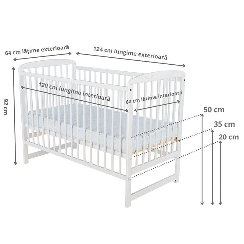 Patut din lemn bebe, 120x60 cm, Din lemn de pin, Stabil si rezistent, Inaltime saltea reglabila pe 3 nivele, Laterala cu 3 bete detasabile, EN716-1, EN716-2, Alb, Babyneeds, Ola