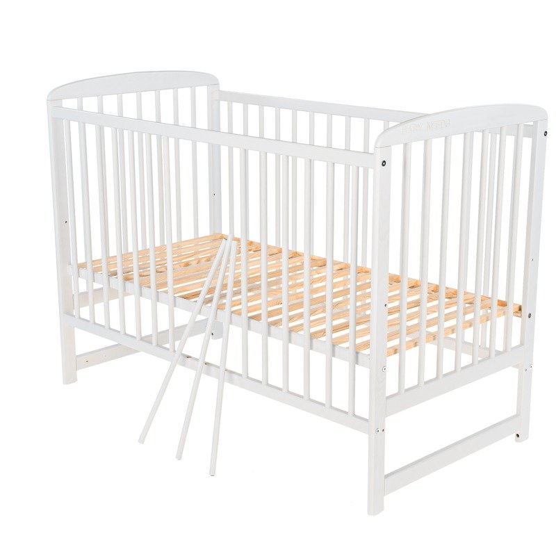 Patut din lemn bebe, 120x60 cm, Din lemn de pin, Stabil si rezistent, Inaltime saltea reglabila pe 3 nivele, Laterala cu 3 bete detasabile, EN716-1, EN716-2, Alb, Babyneeds, Ola