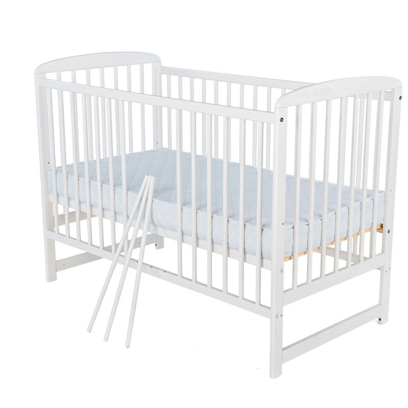 Patut din lemn bebe, 120x60 cm, Din lemn de pin, Stabil si rezistent, Inaltime saltea reglabila pe 3 nivele, Laterala cu 3 bete detasabile, EN716-1, EN716-2, Alb, Babyneeds, Ola