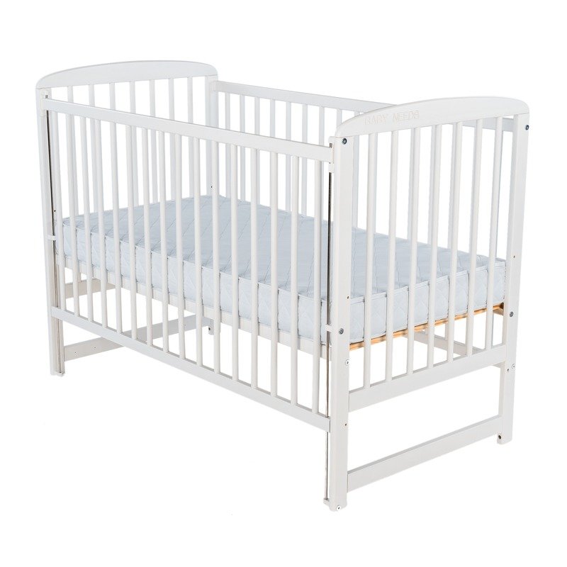 Patut din lemn bebe, 120x60 cm, Cu laterala culisanta, Din lemn de pin, Stabil si rezistent, Inaltime saltea reglabila pe 3 nivele, Laterala cu 3 bete detasabile, EN716-1, EN716-2, Alb, Babyneeds, Ola