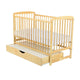 Patut din lemn bebe, 120x60 cm, Cu sertar cu capac, Din lemn de pin si mdf, Stabil si rezistent, Inaltime saltea reglabila pe 3 nivele, Laterala cu 3 bete detasabile, EN716-1, EN716-2, Natur, Babyneeds, Ola