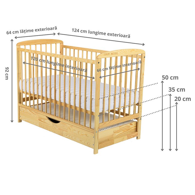 Patut din lemn bebe, 120x60 cm, Cu sertar cu capac, Din lemn de pin si mdf, Stabil si rezistent, Inaltime saltea reglabila pe 3 nivele, Laterala cu 3 bete detasabile, EN716-1, EN716-2, Natur, Babyneeds, Ola