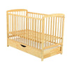 Patut din lemn bebe, 120x60 cm, Cu sertar cu capac, Din lemn de pin si mdf, Stabil si rezistent, Inaltime saltea reglabila pe 3 nivele, Laterala cu 3 bete detasabile, EN716-1, EN716-2, Natur, Babyneeds, Ola + Saltea 12 cm