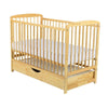 Patut din lemn bebe, 120x60 cm, Cu sertar cu capac, Din lemn de pin si mdf, Stabil si rezistent, Inaltime saltea reglabila pe 3 nivele, Laterala cu 3 bete detasabile, EN716-1, EN716-2, Natur, Babyneeds, Ola + Saltea 12 cm
