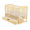 Patut din lemn bebe, 120x60 cm, Cu sertar cu capac, Din lemn de pin si mdf, Stabil si rezistent, Inaltime saltea reglabila pe 3 nivele, Laterala cu 3 bete detasabile, EN716-1, EN716-2, Natur, Babyneeds, Ola + Saltea 12 cm