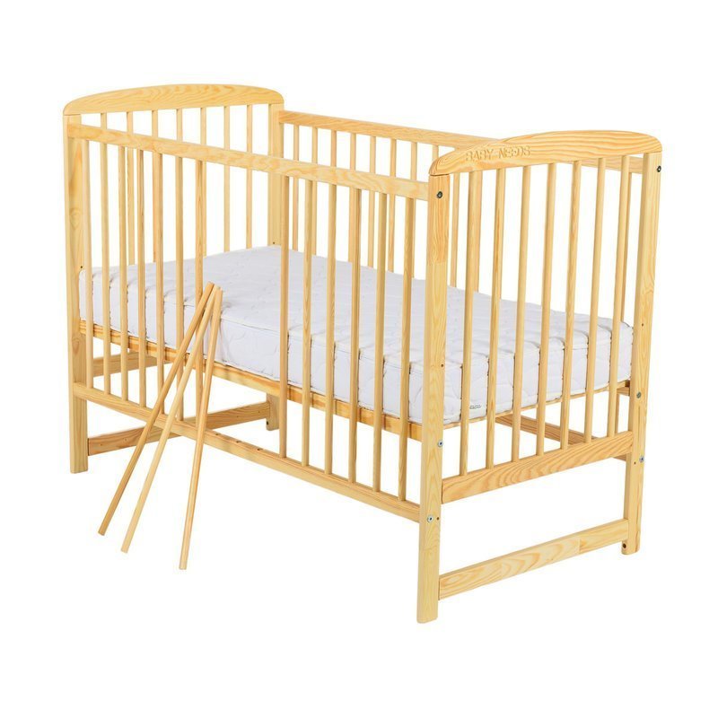 Patut din lemn bebe, 120x60 cm, Din lemn de pin, Stabil si rezistent, Inaltime saltea reglabila pe 3 nivele, Laterala cu 3 bete detasabile, EN716-1, EN716-2, Natur, Babyneeds, Ola + Saltea 12 cm