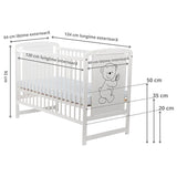 Patut din lemn bebe, 120x60 cm, Din lemn de pin si mdf, Stabil si rezistent, Inaltime saltea reglabila pe 3 nivele, Laterala cu 3 bete detasabile, EN716-1, EN716-2, Alb, Babyneeds, Timmi