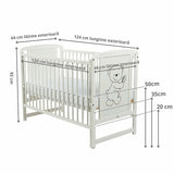 Patut din lemn bebe, 120x60 cm, Cu laterala culisanta, Din lemn de pin si mdf, Stabil si rezistent, Inaltime saltea reglabila pe 3 nivele, Laterala cu 3 bete detasabile, EN716-1, EN716-2, Alb, Babyneeds, Timmi