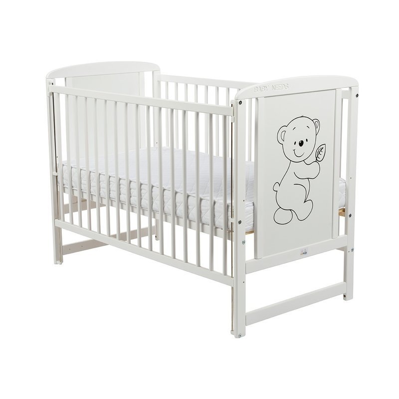 Patut din lemn bebe, 120x60 cm, Cu laterala culisanta, Din lemn de pin si mdf, Stabil si rezistent, Inaltime saltea reglabila pe 3 nivele, Laterala cu 3 bete detasabile, EN716-1, EN716-2, Alb, Babyneeds, Timmi