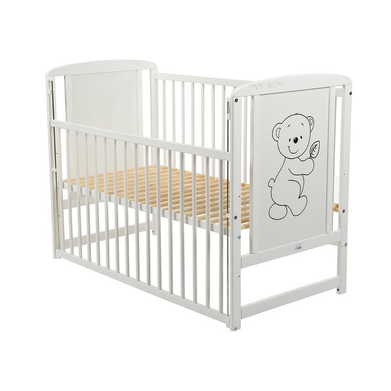 Patut din lemn bebe, 120x60 cm, Cu laterala culisanta, Din lemn de pin si mdf, Stabil si rezistent, Inaltime saltea reglabila pe 3 nivele, Laterala cu 3 bete detasabile, EN716-1, EN716-2, Alb, Babyneeds, Timmi